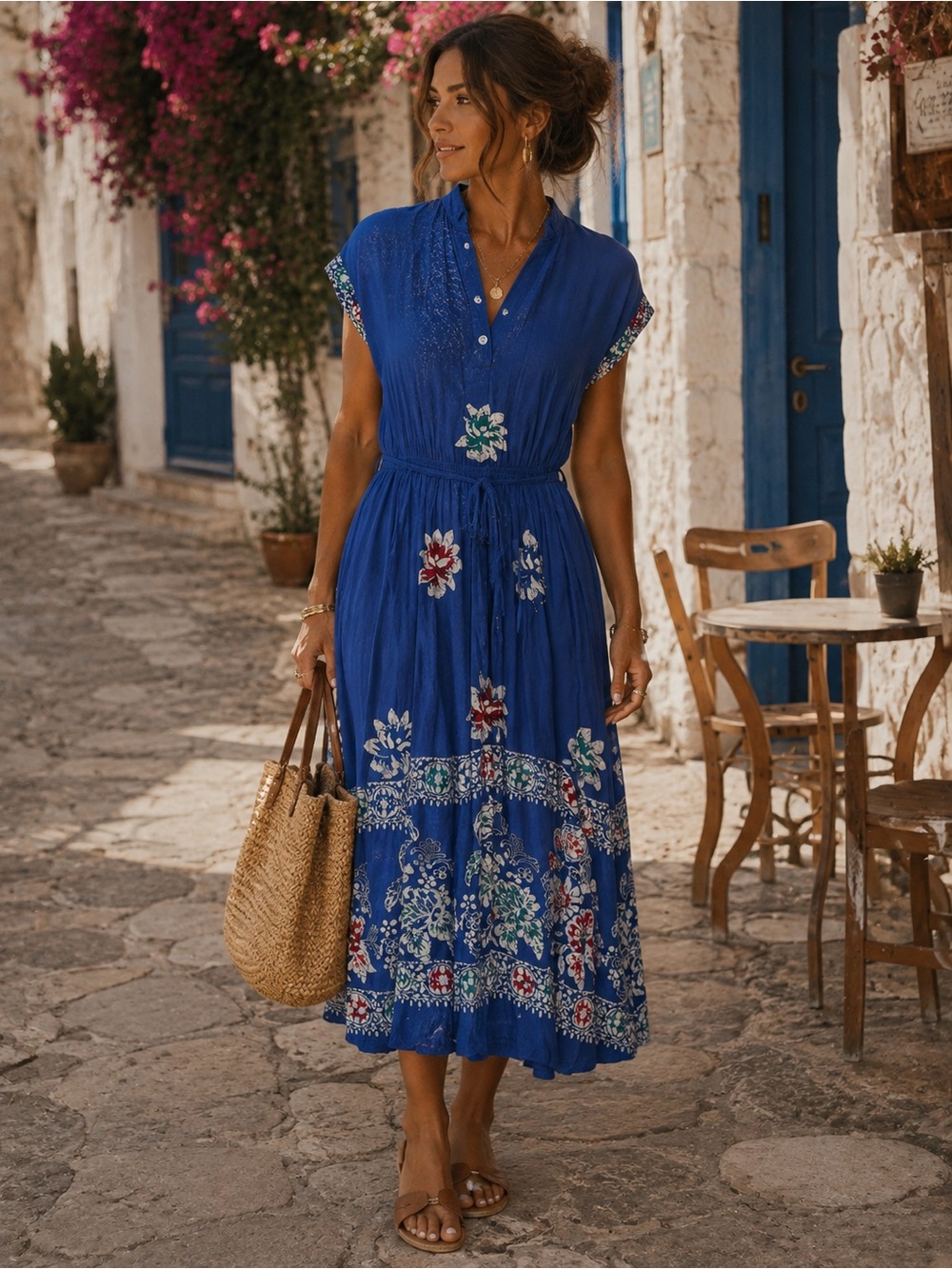 Papillon Blanc Blue Floral Midi Dress with Tie Waist
